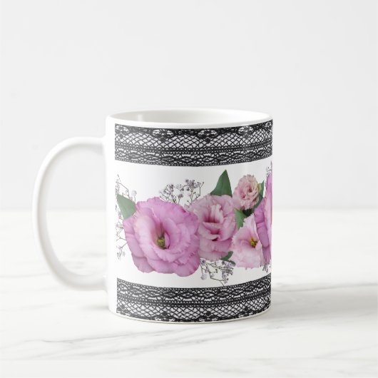 Roze Floral met zwarte rand Koffiemok (Links)
