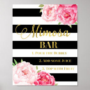 Roze Floral Mimosa Bar Gold Black Stripes Poster