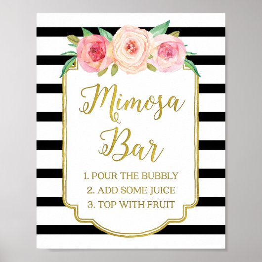 Roze Floral Mimosa Bar Gold Black Stripes Poster (Voorkant)