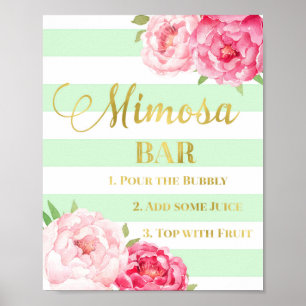 Roze Floral Mimosa Bar Gold Mint Stripes Poster