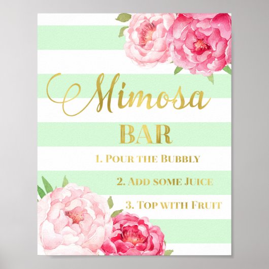 Roze Floral Mimosa Bar Gold Mint Stripes Poster (Voorkant)