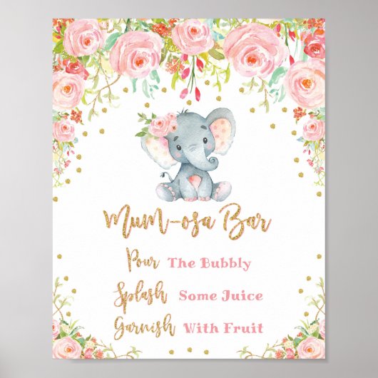Roze Floral Mimosa Mumosa Bar Baby shower Poster (Voorkant)