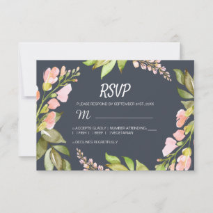 Roze Floral Modern Dark Blue Wedding RSVP Kaartje