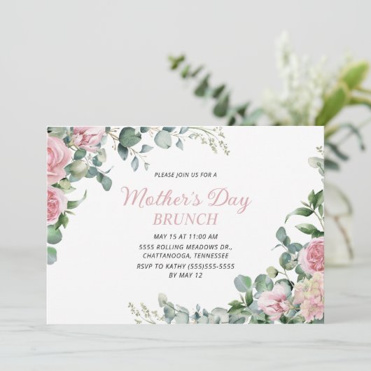 Roze Floral Moederdag Brunch Kaart (Staand voorkant)