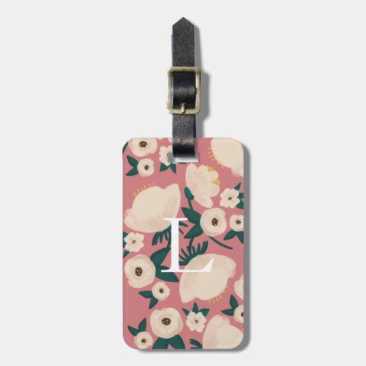 Roze Floral Monogram Chic Bagagelabel (Voorkant verticaal)