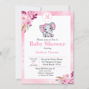 Roze Floral Monogram Elephant Baby shower Kaart