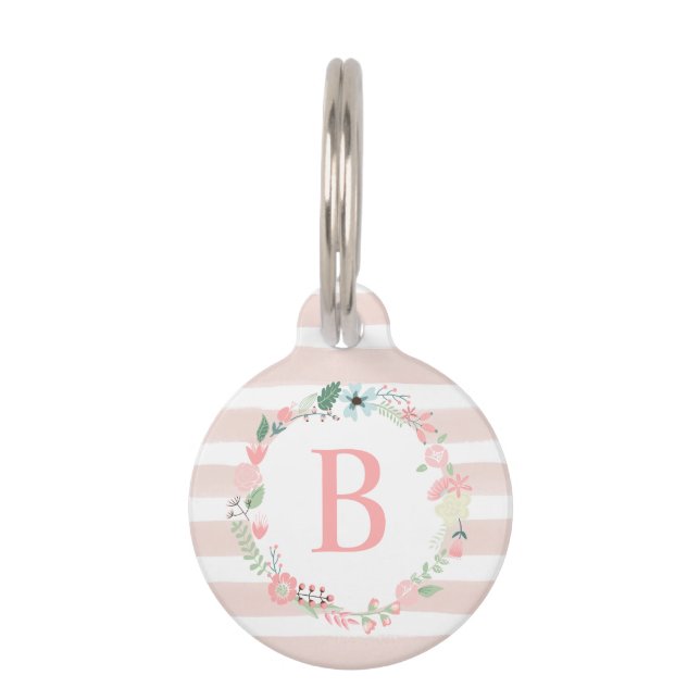 Roze Floral Monogram Huisdierpenning (Voorkant)