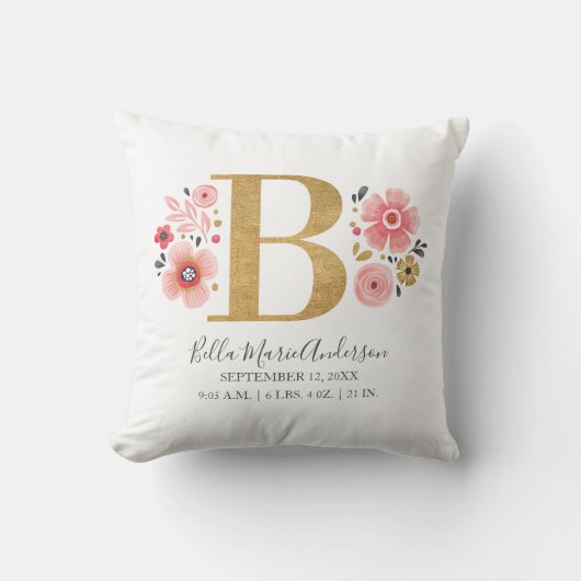 Roze Floral Monogram Initiaal Letter B Birth Stats Kussen (Voorkant)