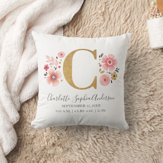 Roze Floral Monogram Initiaal Letter C Birth Stats Kussen (Deken)