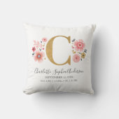 Roze Floral Monogram Initiaal Letter C Birth Stats Kussen (Voorkant)