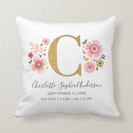 Roze Floral Monogram Initiaal Letter C Birth Stats Kussen