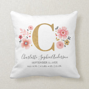 Roze Floral Monogram Initiaal Letter C Birth Stats Kussen