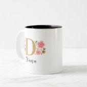 Roze Floral Monogram Initiaal Letter D Tweekleurige Koffiemok (Voorkant links)