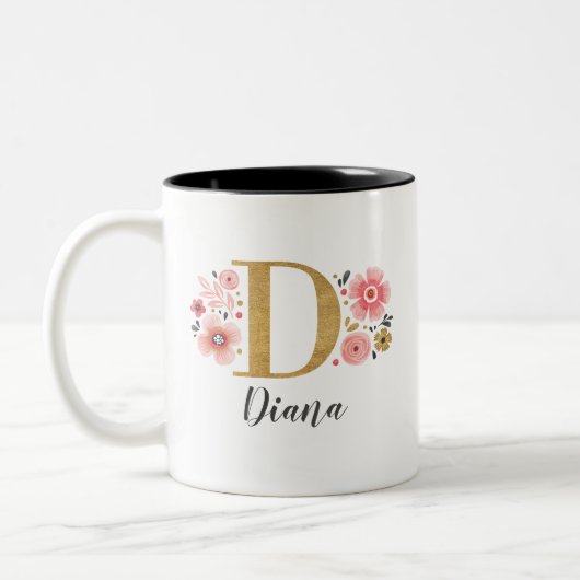 Roze Floral Monogram Initiaal Letter D Tweekleurige Koffiemok (Links)