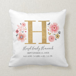 Roze Floral Monogram Initiaal Letter H Birth Stats Kussen