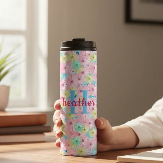 Roze Floral Monogram Thermal Tumbler Thermosbeker