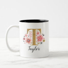 Roze Floral Monogram Tweekleurige Koffiemok