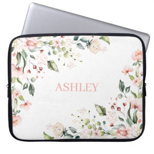 Roze Floral Monogram Waterverf Gepersonaliseerde n Laptop Sleeve