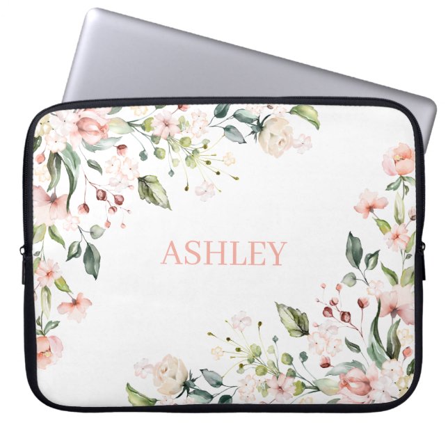 Roze Floral Monogram Waterverf Gepersonaliseerde n Laptop Sleeve (Voorkant)