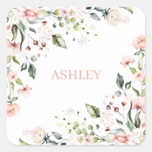 Roze Floral Monogram Waterverf Gepersonaliseerde n Vierkante Sticker (Voorkant)