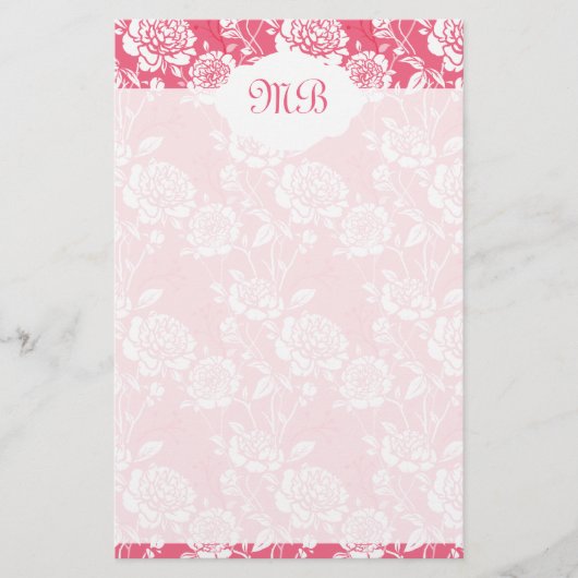 Roze Floral Monogrammed Briefpapier (Voorkant)