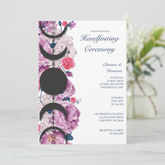 Roze Floral Moon Phase Wiccan Handfasting Kaart (Staand voorkant)