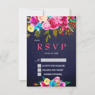 Roze Floral Navy Blue Chalkboard RSVP-kaart RSVP Kaartje