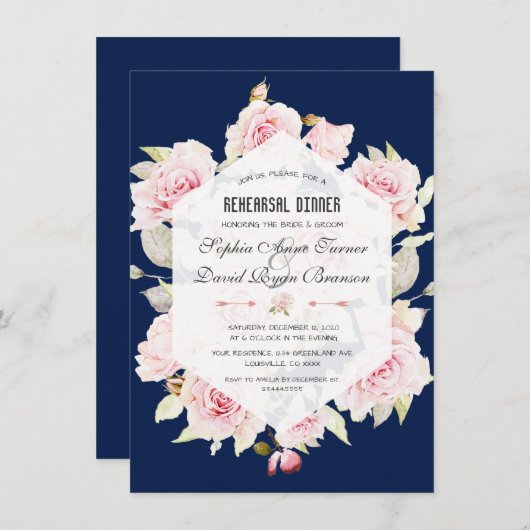 Roze Floral Navy Blue Geometric Rehearsal Dinner Kaart (Voorkant / Achterkant)
