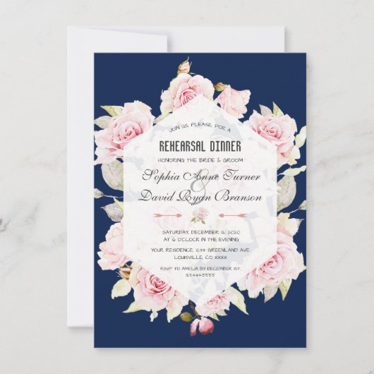 Roze Floral Navy Blue Geometric Rehearsal Dinner Kaart (Voorkant)
