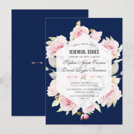 Roze Floral Navy Blue Geometric Rehearsal Dinner Kaart