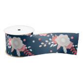 Roze Floral Navy Blue Satijnen Lint (Spoel)