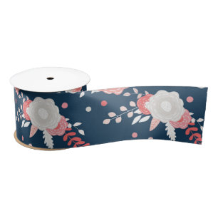 Roze Floral Navy Blue Satijnen Lint