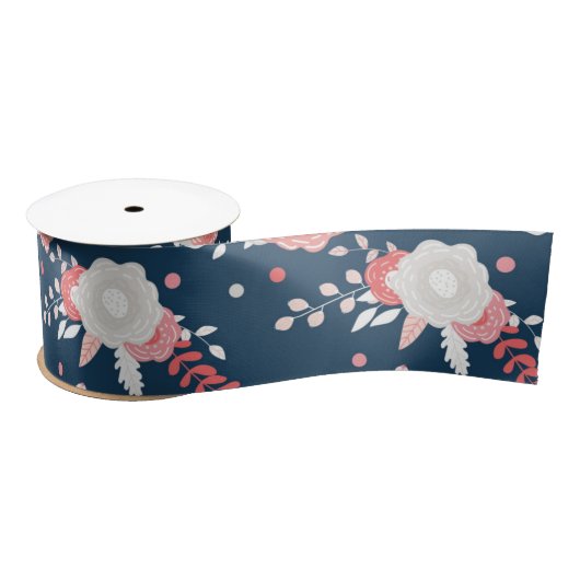 Roze Floral Navy Blue Satijnen Lint (Spoel)