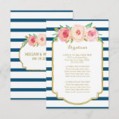 Roze Floral Navy Stripes Wedding Direction Tussenv Informatiekaartje (Voorkant / Achterkant)