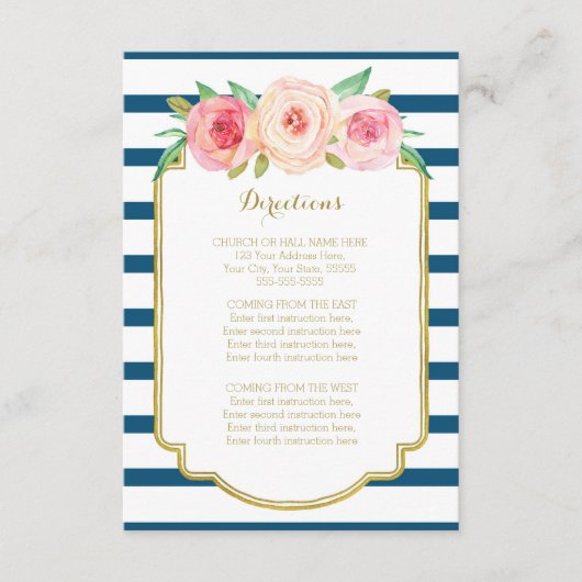 Roze Floral Navy Stripes Wedding Direction Tussenv Informatiekaartje (Voorkant)