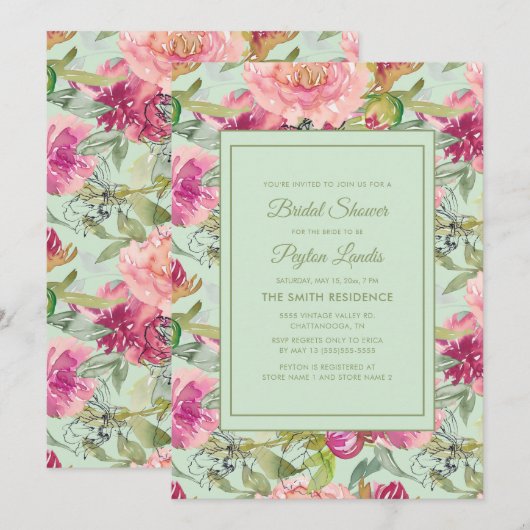 Roze Floral Neo Mint Green Vrijgezellenfeest Kaart (Voorkant / Achterkant)