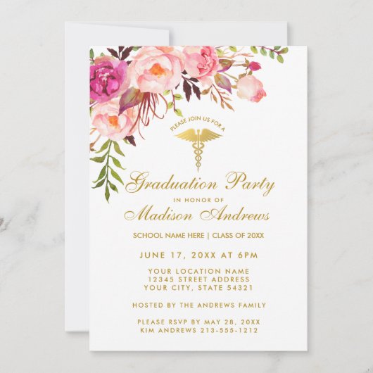 Roze Floral Nurse Graduation Party Invite G Kaart (Voorkant)
