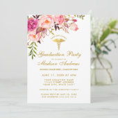 Roze Floral Nurse Graduation Party Invite G Kaart (Staand voorkant)