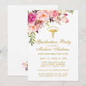 Roze Floral Nurse Graduation Party Invite G Kaart (Voorkant / Achterkant)