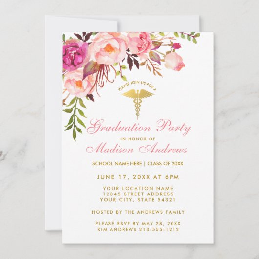 Roze Floral Nurse Graduation Party Invite P Kaart (Voorkant)