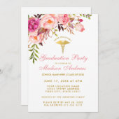 Roze Floral Nurse Graduation Party Invite P Kaart (Voorkant / Achterkant)