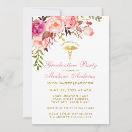 Roze Floral Nurse Graduation Party Invite P Kaart