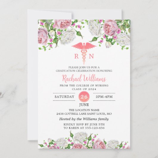 Roze Floral Nursing School Graduparty Kaart (Voorkant)
