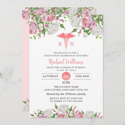 Roze Floral Nursing School Graduparty Kaart (Voorkant / Achterkant)