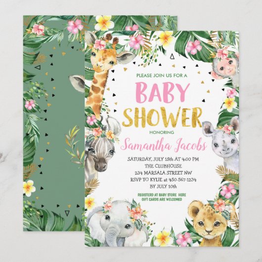 Roze Floral Oerwoud Safari Baby shower Kaart (Voorkant / Achterkant)