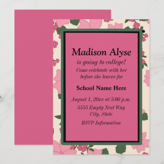  roze Floral "off to College" uitnodiging (Voorkant / Achterkant)