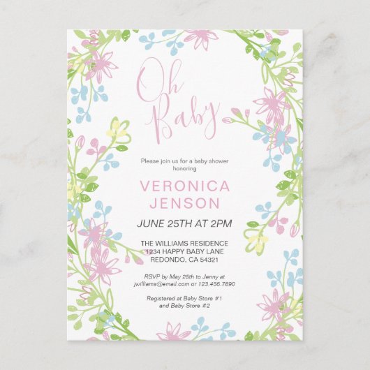  Roze Floral Oh Baby Girl Baby shower Uitnodiging Briefkaart (Voorkant)