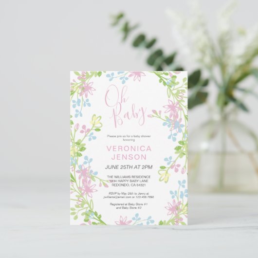  Roze Floral Oh Baby Girl Baby shower Uitnodiging Briefkaart (Staand voorkant)