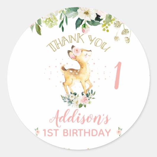 Roze Floral Oh Deer 1st Birthday Ronde Sticker (Voorkant)