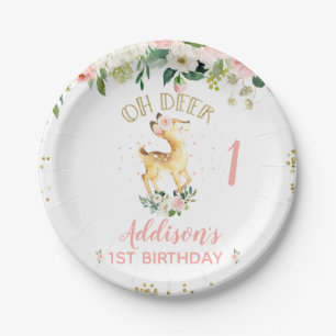 Roze Floral Oh Deer 1ste verjaardag Papieren Bordje